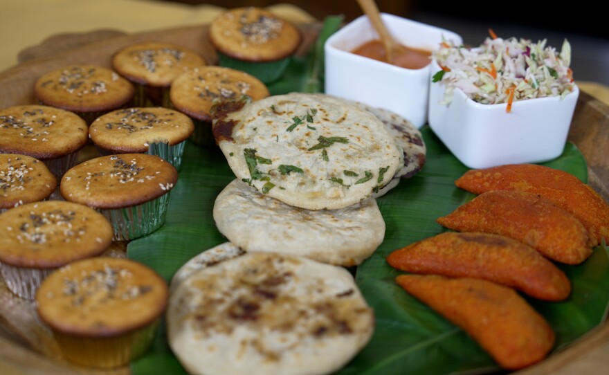 A platter of Salvadoran appetizers including quesadillas, pupusas and pasteles is shown on March 13, 2026.