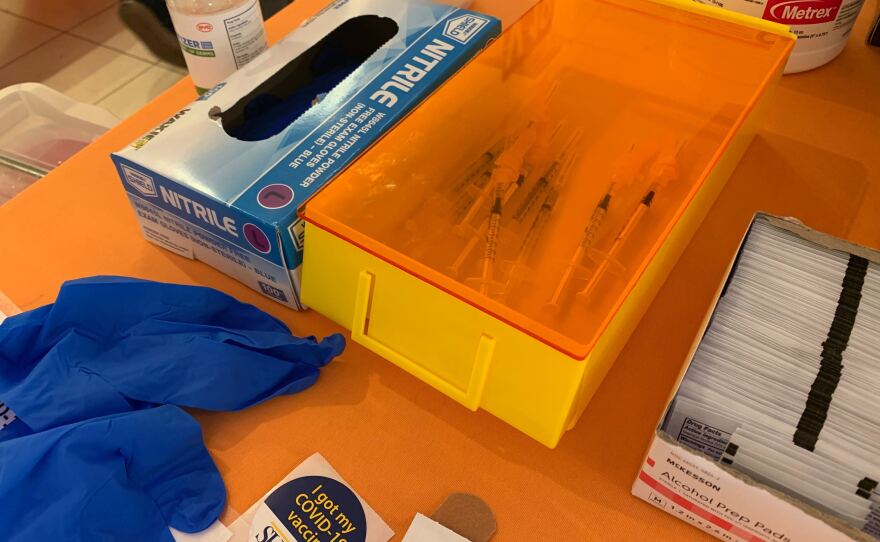 COVID-19 vaccine supplies are pictured at the Grossmont vaccination site in La Mesa, March 1, 2021.
