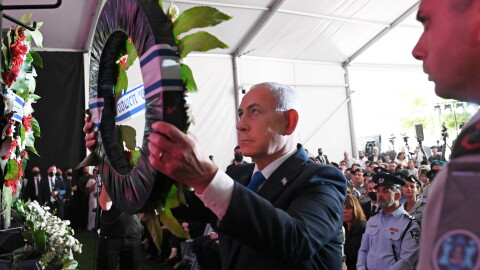 Israeli Prime Minister Benjamin Netanyahu lays a wreath during a state memorial ceremony in memory of those killed in the Oct. 7, 2023, Hamas-led attack on Israel, at Mount Herzl cemetery in Jerusalem on Oct. 5.