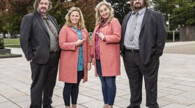 Jo Joyner as Lu Shakespeare, Mark Benton as Frank Hathaway, Victor Mcguire as Phil Sirkin, Rebecca Gethings as Roamy Cusack in a scene from SHAKESPEARE & HATHAWAY-PRIVATE INVESTIGATORS "The Offered Fallacy."