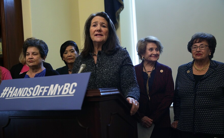 At an October news conference, the Congressional Pro-Choice Caucus called on President Trump to reverse the administration's moves to limit women's access to birth control. Rep. Diana DeGette, D-Colo., spoke at the lectern during the event on Capitol Hill.