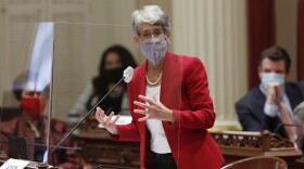 State Sen. Hannah-Beth Jackson, D-Santa Barbara, urges lawmakers to approve her measure to expand job protections to more people who take time off to care for a family member during the Senate session at the Capitol in Sacramento, Calif., Thursday, July 2, 2020.