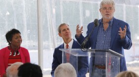 "Star Wars" creator filmmaker George Lucas, right, and his wife Mellody Hobson, left, and Don Bacigalupi, Founding President, center, attend the groundbreaking ceremony of the on his $1.5 billion Lucas Museum of Narrative Art in Los Angeles Wednesday, March 14, 2018.
