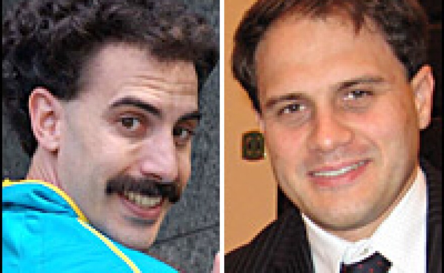 Borat (left) and Kazakhstan embassy spokesman Roman Vassilenko differ on the facts about Kazakhstan. Can you tell the difference between Kazakh fact and fiction? <strong>Scroll down to take our quiz.</strong>