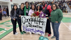Blessyn Lavender Williams, 16, (center) celebrates her election to the San Diego Union Board of Education, Friday, at a Lincoln High School pep rally. Joining her (L-R) Lea Nepomuceno, student trustee, Stephanie Brown, Lincoln High School co-principal, Sharon Whitehurst-Payne, school board trustee, Felicia Lavender, mother, La Shon Williams, father, and Melissa Agudelo, Lincoln High School co-principal, San Diego, Calif., May 5, 2023.