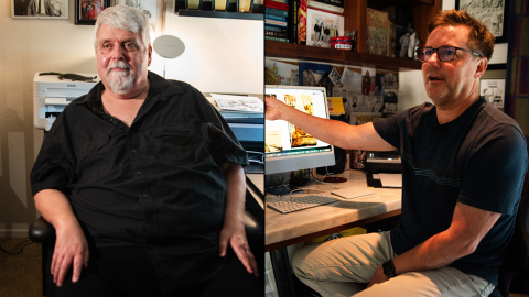 Scott Dunbier and Chris Ryall, pictured in their home offices on July 18, 2024. Dunbier (left) sits before the logo for his company, Act 4 Publishing, while Ryall (right) discusses adapting Francis Ford Coppola's film "Megalopolis" into a graphic novel.