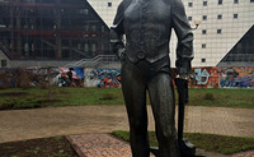 The statue of John Hughes — cast in iron, naturally — oversees downtown Donetsk.