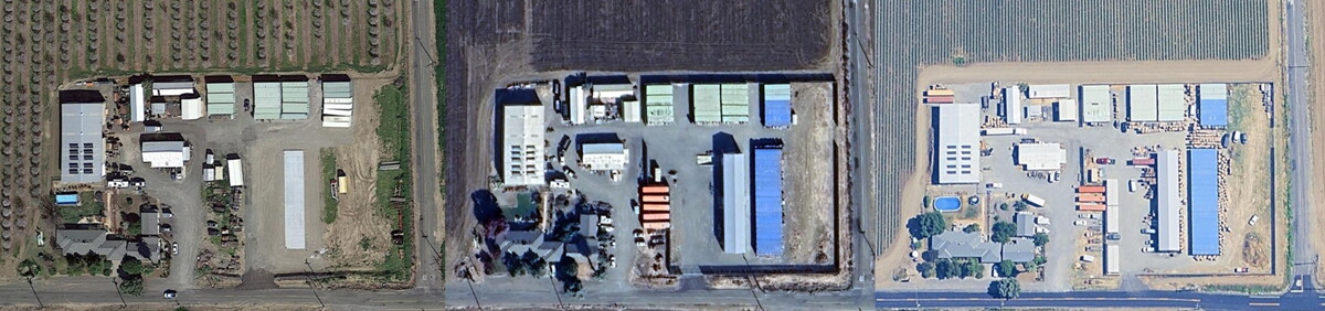 Aerial photographs taken February 2022, November 2023 and June 2024 of the Esparto property where the fireworks facility was located. The construction of the new building is seen in the lower right of each image, along with added storage containers.