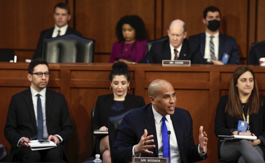 Sen. Cory Booker, D-N.J., delivers remarks during the Senate Judiciary Committee confirmation hearing for U.S. Supreme Court nominee Judge Ketanji Brown Jackson.