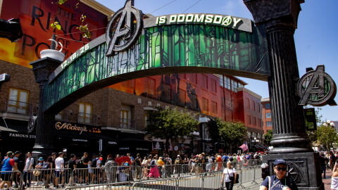 The Gaslamp District sign is wrapped in "Avengers: Doomsday" branding during San Diego Comic-Con on July 23, 2026.