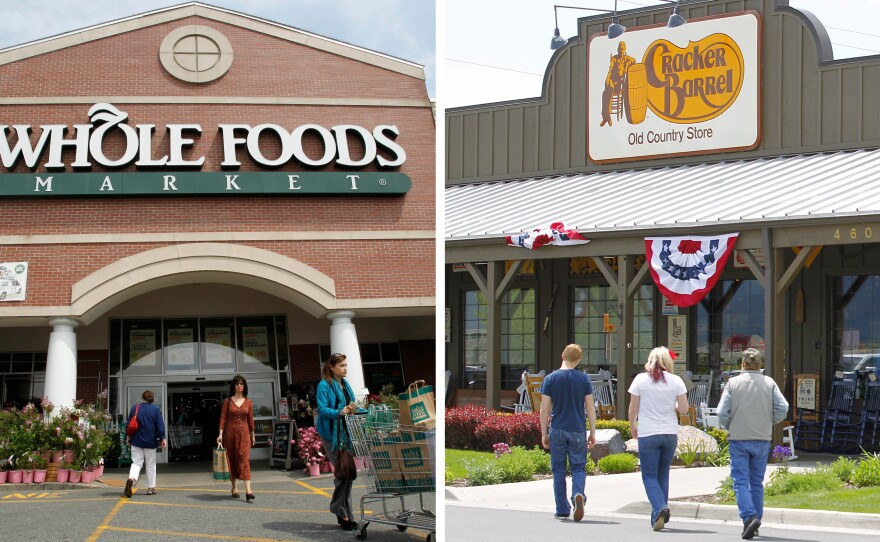 A composite image of a Whole Foods in Providence, R.I., and a Cracker Barrel in Springville, Utah.