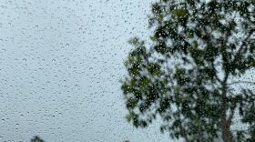 Rain falls on a window during a winter storm, Feb. 13, 2019. 