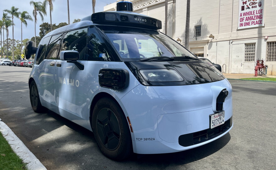 A Waymo Ojai vehicle is parked in Balboa Park, Aug. 20, 2026.