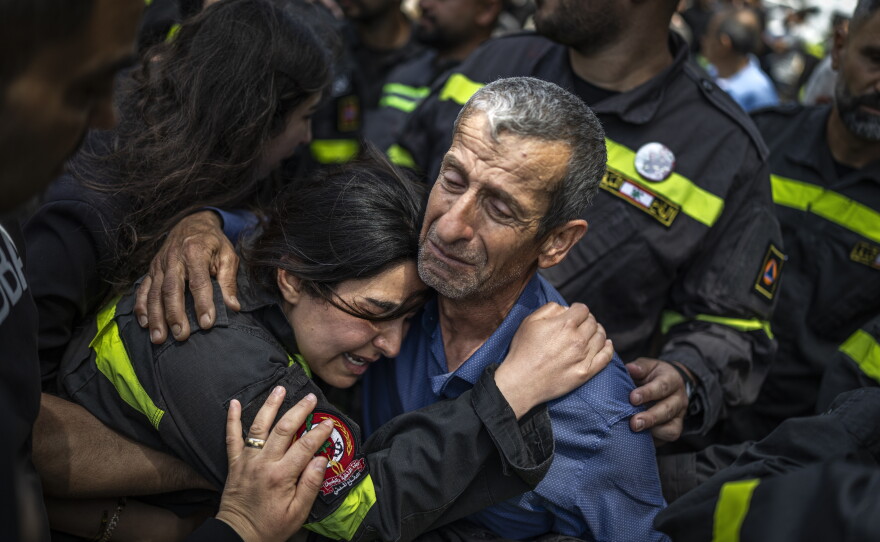 The father of Hussein Jaber, who was killed in an Israeli strike on Nabatieh, in southern Lebanon, on May 12, cries during the funeral ceremony in Sidon the following day.