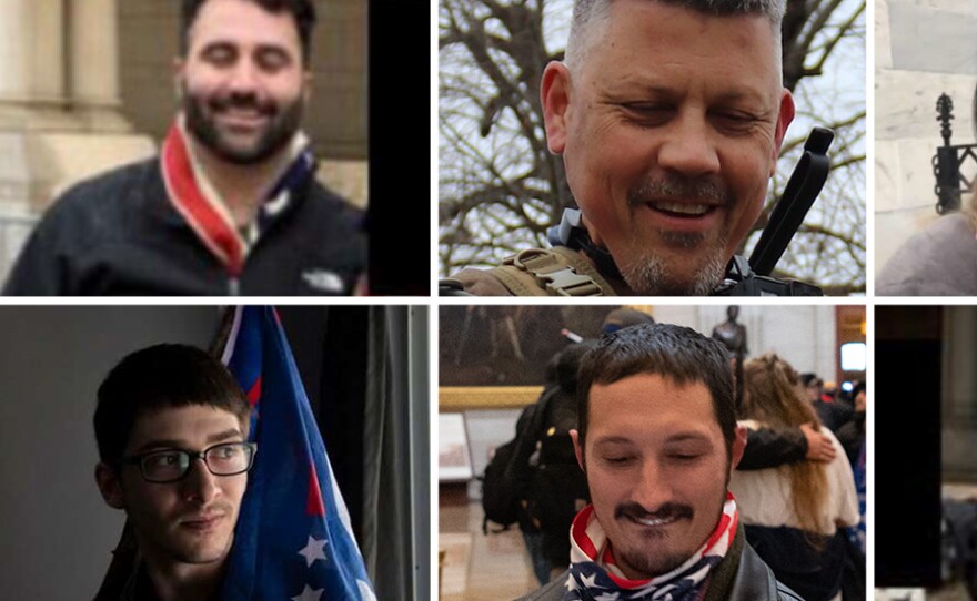 Clockwise from top left: Casey Cusick, Christopher Worrell, Stephanie Baez, James Cusick Jr., William Pepe and Jeremiah Caplinger are all charged in relation to the Capitol riot and have been represented by Pierce.