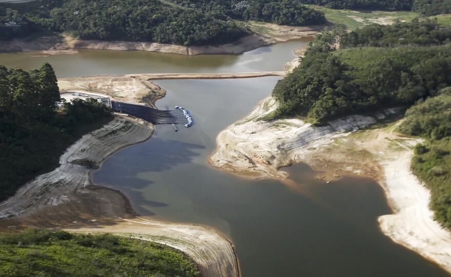 Brazil's Atibainha river dam is shown here in December 2014. It is part of Sao Paulo's system of dams, which supplies about half the water to the metropolitan region of 20 million people and is now at historic lows.