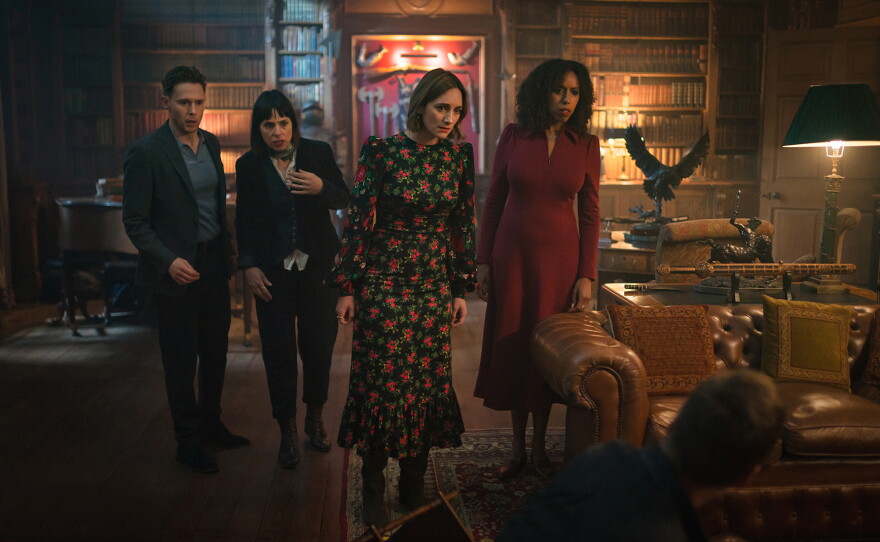 MASTERPIECE THE MARLOW MURDER CLUB, Season 3 Episode 3: “Murder in the Dark: Part I". When a man is killed at her university reunion, Becks finds herself on the wrong side of an investigation. Was one of her friends responsible, or was someone else inside the house? Shown (L-R): Ryan (Samuel Barnett), Una (Montserrat Lombard), Becks Starling (Cara Horgan), Jessica (Endy McKay)