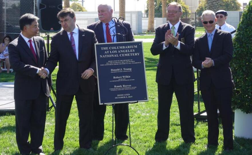 From left, Congressman Ted Lieu (D-CA), VA Secretary Robert Wilkie, L.A. National Cemetery Director Tom Ruck, and actor and advocate Gary Sinise appear at an October, 2019 ceremony to open the cemetery's columbarium.