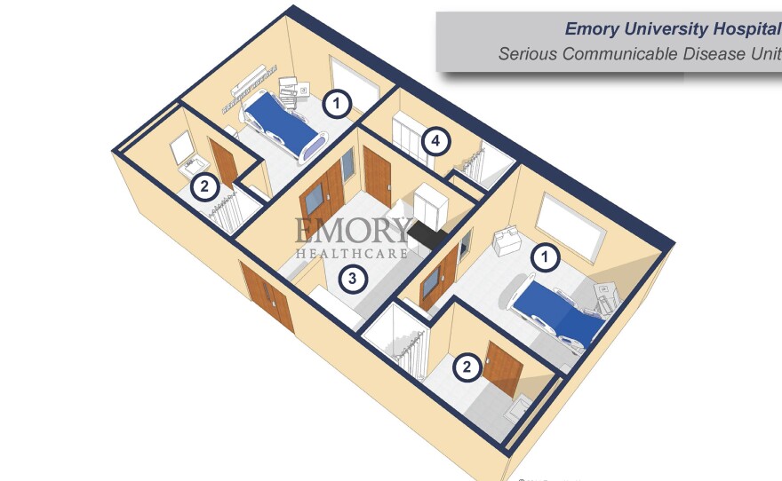 Negative air pressure at Emory University Hospital's Serious Communicable Disease Unit ensures that air moves only from the hallway to the anteroom to the patient room and not in the opposite direction. While useful in preventing the spread of airborne infectious diseases, it is not a crucial feature for limiting Ebola, which is not airborne.