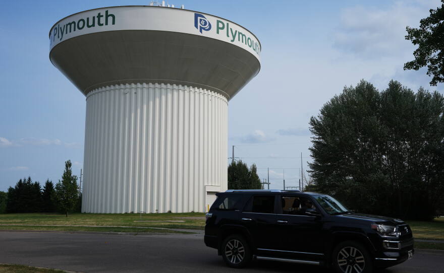 A water tower is seen Thursday, July 30, 2026, in Plymouth, Minn. A cyberattack targeted the operating technology at over 30 water systems in Minnesota, including Plymouth's, earlier this week, state officials said.