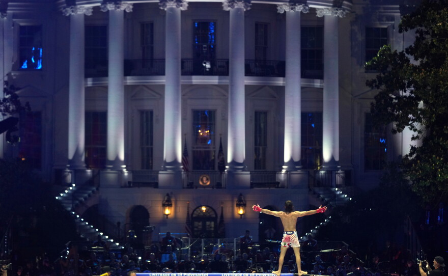 Diego Lopes celebrates during a featherweight bout against Steve Garcia during UFC Freedom 250 on the South Lawn of the White House, Sunday, June 14, 2026, in Washington.