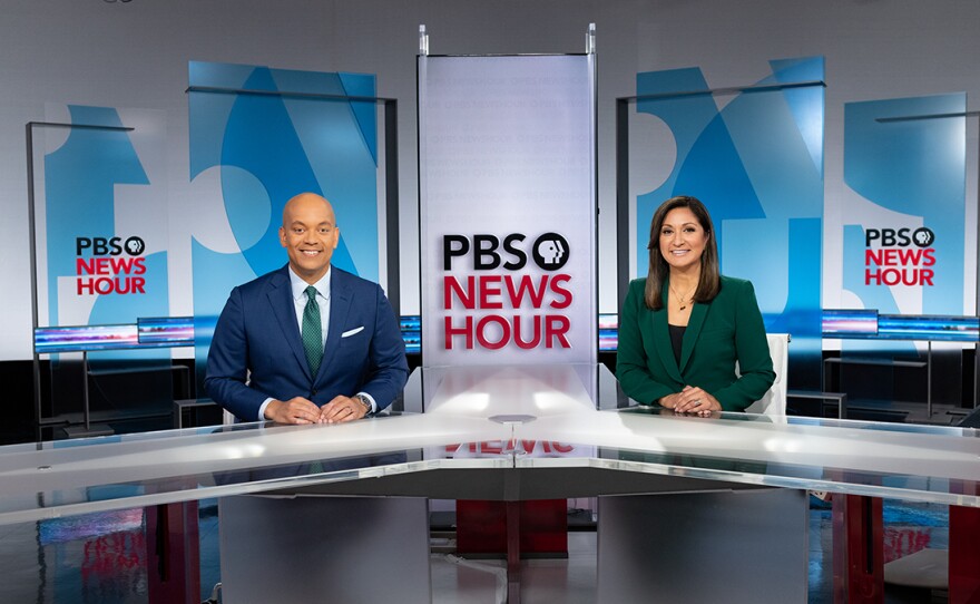 PBS NEWSHOUR hosts Geoff Bennett and Amna Nawaz, Nov. 17, 2022, in Arlington VA.