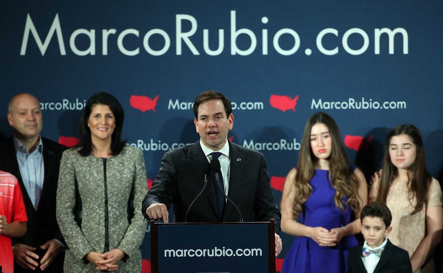 Republican presidential candidate Marco Rubio speaks to supporters at a primary night event in Columbia, South Carolina.