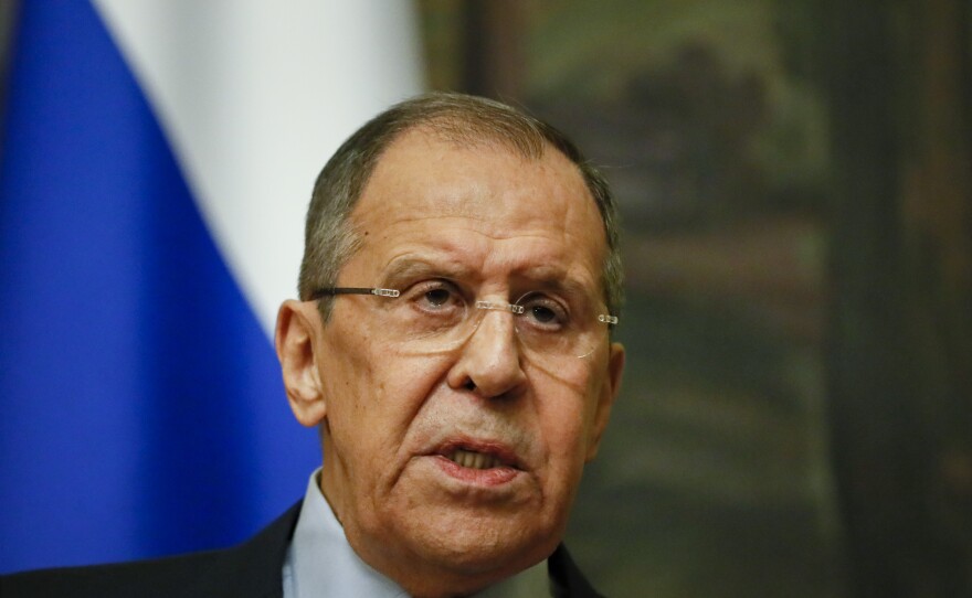 Russian Foreign Minister Sergey Lavrov speaks to the media in Moscow on Friday. Lavrov has announced that Russia will expel 10 U.S. diplomats in a retaliatory response to the U.S. sanctions imposed on Thursday.