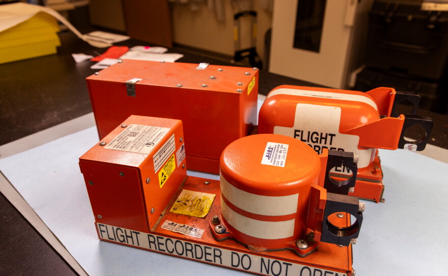 This photo provided by the NTSB on Tuesday, Sept. 8, 2026, shows the flight data recorder from from the Amazon cargo jet that barreled off a runway at Miami International Airport.