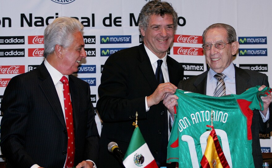 Antonino Fernandez, right, shown here in Mexico City in 2010 with Justino Compean, left, president of the Mexican Soccer Federation and Angel Maria Villar of the Spanish Royal Soccer Federation, migrated from Spain to Mexico as a young man.