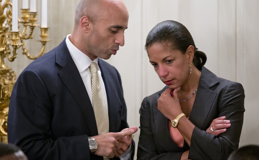 Rice talks with Yousef Al Otaiba, the United Arab Emirates' ambassador to the United States, before the start of a dinner celebrating Ramadan at the White House last month.