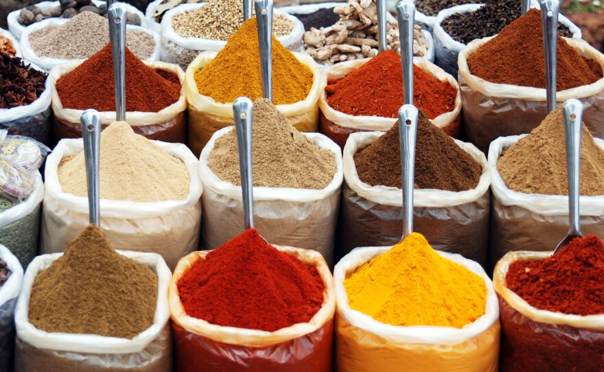 Indian spices for sale at the Anjuna flea market in Goa, India.