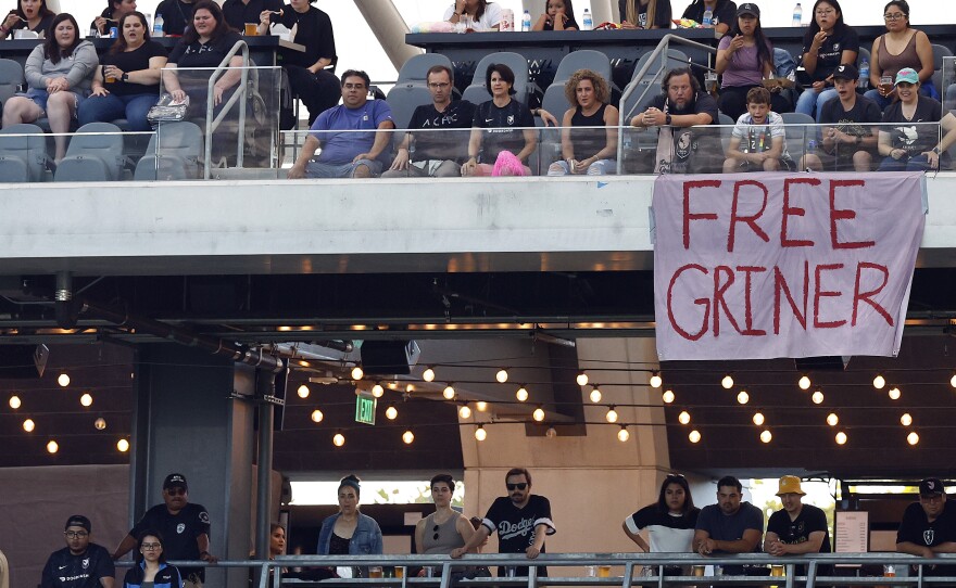 A sign calls for Britney Griner's release at a game between Portland Thorns FC and Angel City FC in Los Angeles earlier this month.