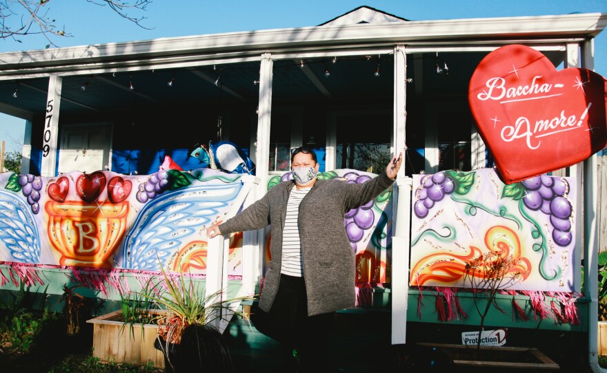 Inez Pierre, of Crescent City Artists, stands in front of her family's home. It's one of 63 house floats created by the family's business. "All we want to do is make people happy, make people smile."