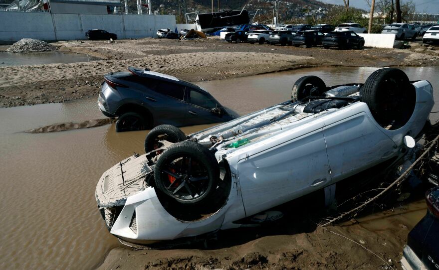 <strong>Oct. 27:</strong> Cars lay partially under water in the aftermath of hurricane Otis at "Zona Diamante" in Acapulco, Guerrero State, Mexico.