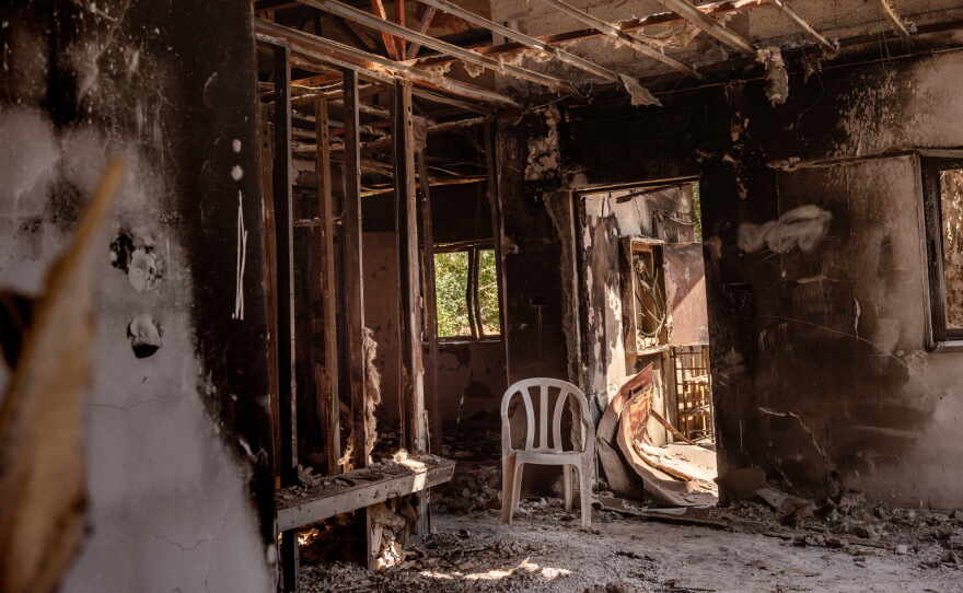 A home destroyed in the Oct. 7, 2023, attacks remains standing in Kibbutz Nir Oz, Israel, Aug. 31, 2026.