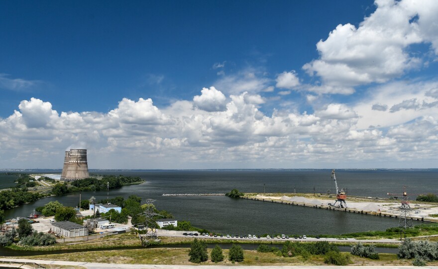 Two cooling towers from the Zaporizhzhia Nuclear Power Plant are situated on the bank of the Kakhovka Reservoir, formed on the Dnipro River, in Enerhodar, Ukraine, on July 9, 2019.