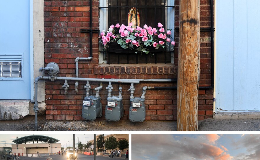 (Top) Flowers decorate the window of an apartment. (Bottom left) A woman sells food on the U.S. side of the border. She is a U.S. citizen, born in Mexico. She said she was too scared to talk about whether she votes. (Right) El Paso is seen from the border. Thousands of people cross both ways over the border every day. A majority live in Mexico but work or study in the U.S and cannot vote.