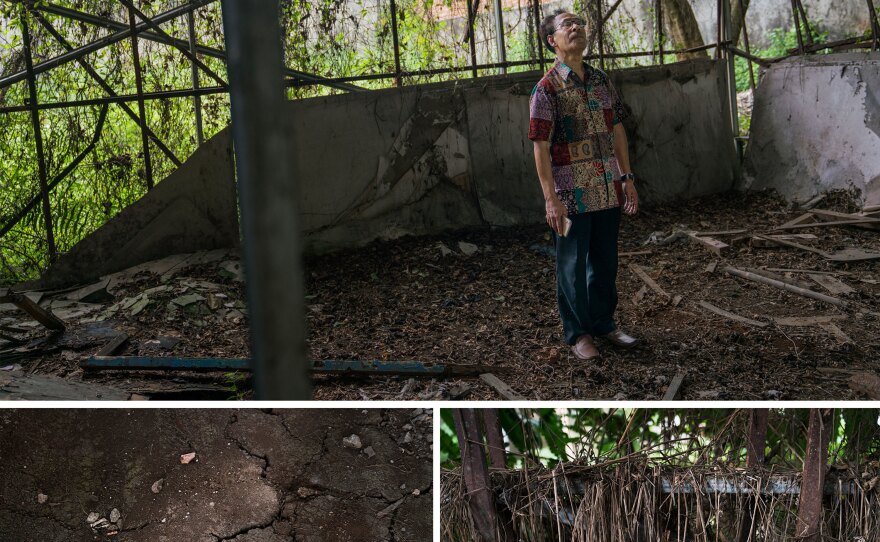 (Top) Alex Paulus, a leader of the Christian community in Bogor, stands in the shell of the church. (Bottom) Inside, the floor is cracked and the walls are overgrown with weeds.