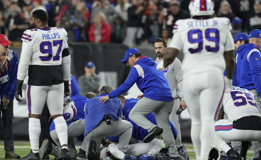 Buffalo Bills' Damar Hamlin is examined during the first half of an NFL football game against the Cincinnati Bengals on Monday in Cincinnati.