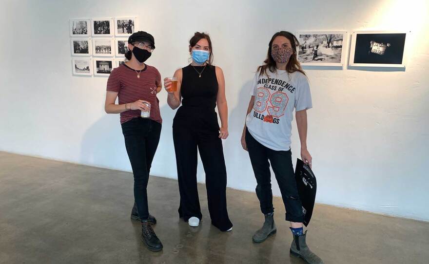 In September 2020, HSCC opened a new exhibition, "Normalize Radical," featuring works by Johnny Nguyen. Pictured with the exhibition are cofounder Margaret Hernandez, executive assistant Delana Delgado and Teros Gallery owner Alejandra Frank.