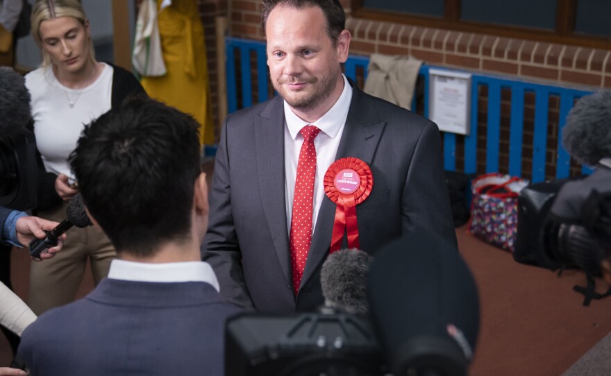 Labour candidate Simon Lightwood speaks to media, after winning the Wakefield by-election, following the by-election count at Thornes Park Stadium in Wakefield, West Yorkshire Friday, June 24, 2022.