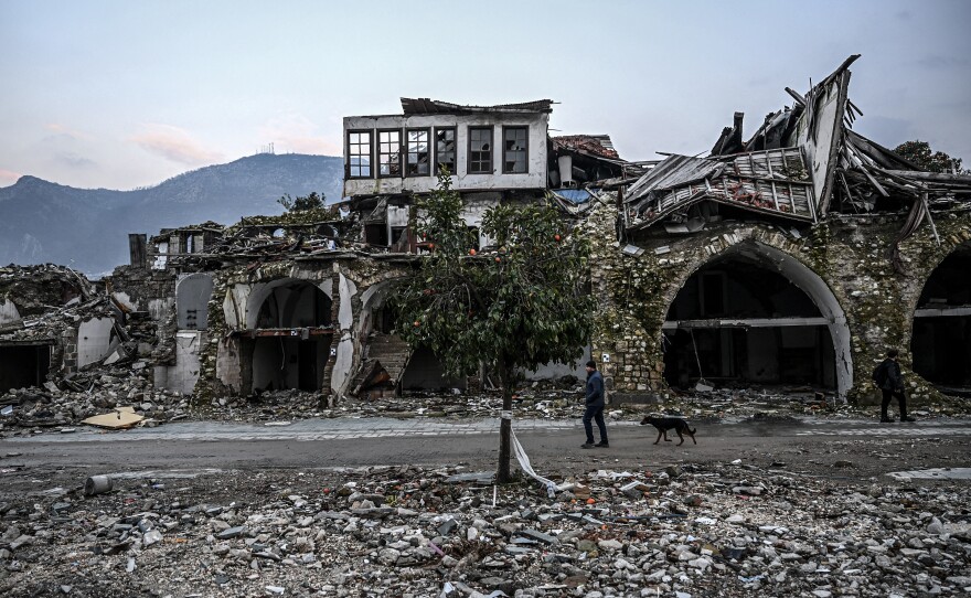 A man and a dog walk next to a damaged building in Antakya, Hatay province, on Monday.