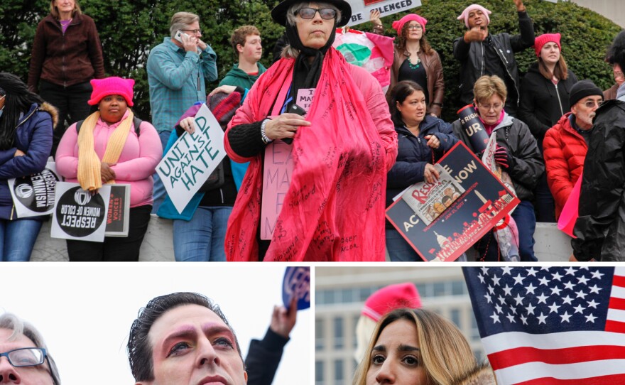 Many protesters wore pink or other feminist iconography at the Women's March on Washington.