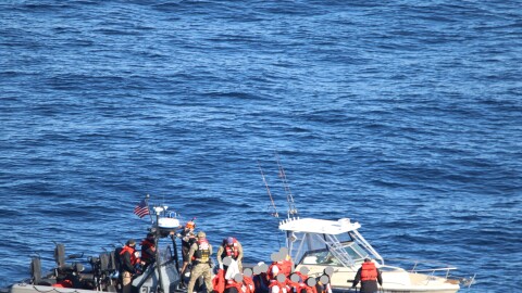 The U.S. Coast Guard and Department of Homeland Security partner agencies interdict a suspected maritime smuggling vessel during coordinated operations south of San Clemente Island, California, Feb. 21, 2026.