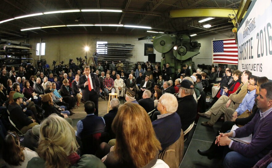 New Jersey Gov. Chris Christie holds a town hall event at a metal fabrication company in Hudson, N.H., on Monday.