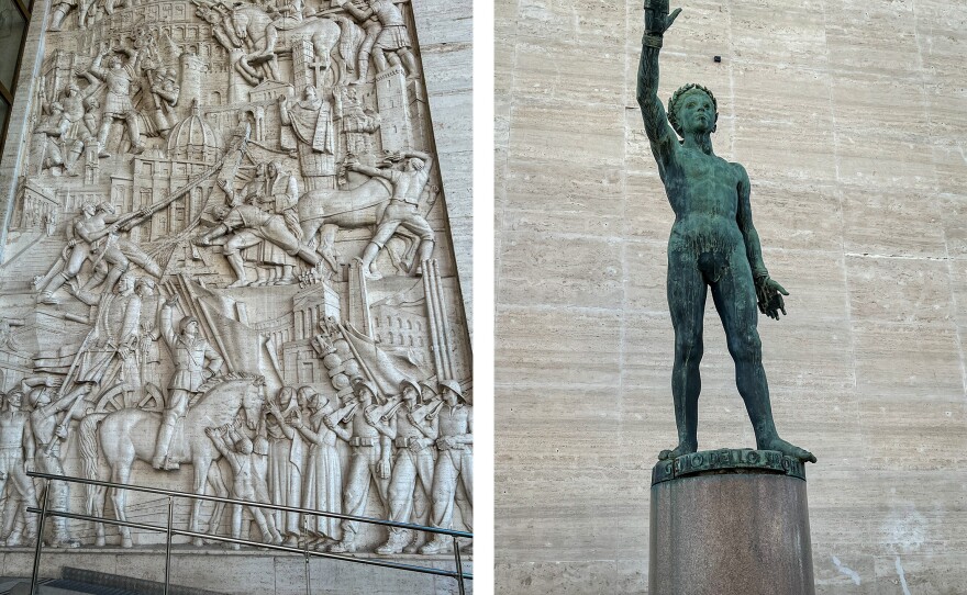 A sports center built under fascist dictator Benito Mussolini remains in use in modern Rome. From left: A bas-relief features an image of Mussolini. A statue of an athlete has its hand raised in the fascist salute.