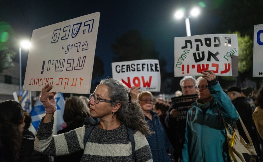 Michal Brody-Bareket attends a rally in Jerusalem on Dec. 29 calling for a cease-fire and release of the hostages held in Gaza. She is a longtime activist whose son is a soldier deployed in Gaza and founded The Mothers' Cry, a group of mothers of soldiers and other concerned Israelis calling to end the Gaza war.