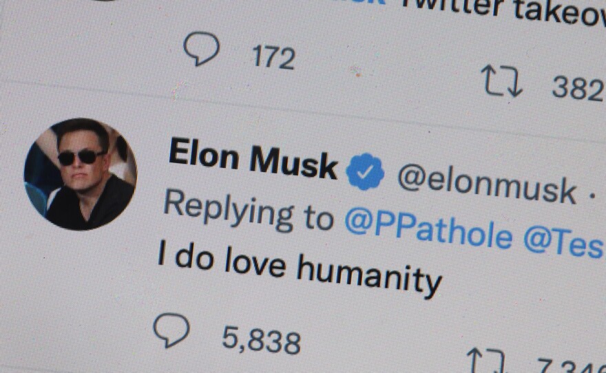 Tweets by Elon Musk are shown on a computer in Chicago, Illinois, in this photo illustration on April 25.