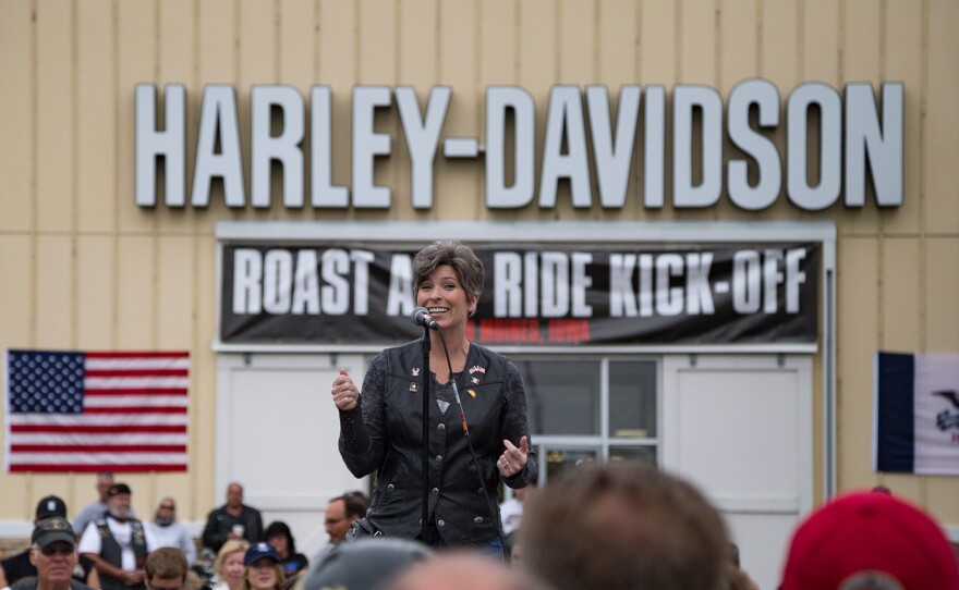 Sen. Joni Ernst welcomes riders at the Harley Davidson Barn for her second annual Roast and Ride fundraiser.
